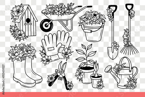Set for gardener growing plants and caring for flower bed in backyard. Flowers near birdhouse and boots for gardener or planter with bucket and rake for working in greenhouse. Hand drawn.