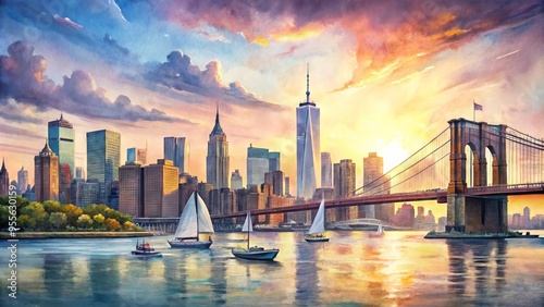 Soft, dreamy watercolor illustration of iconic New York City skyline at sunset, featuring the Brooklyn Bridge,
