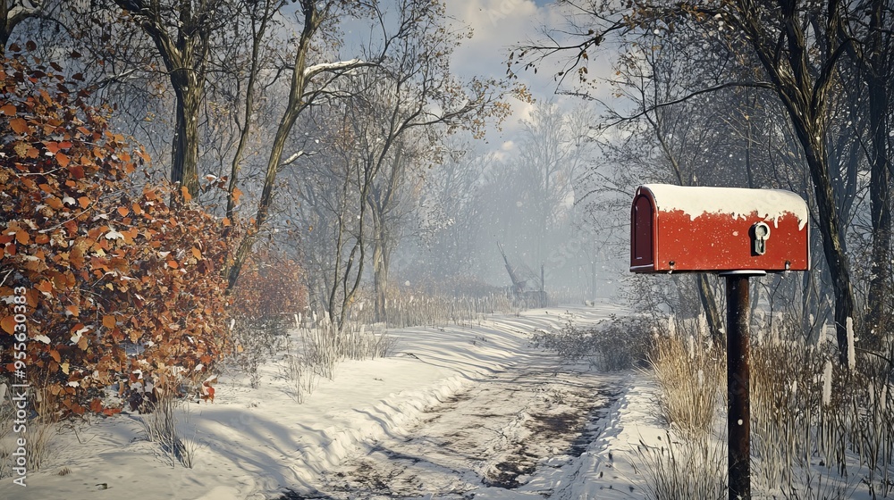 Red mailbox, snowy path, autumn trees, countryside, nostalgic Red mailbox, snowy path, autumn trees, countryside, nostalgic