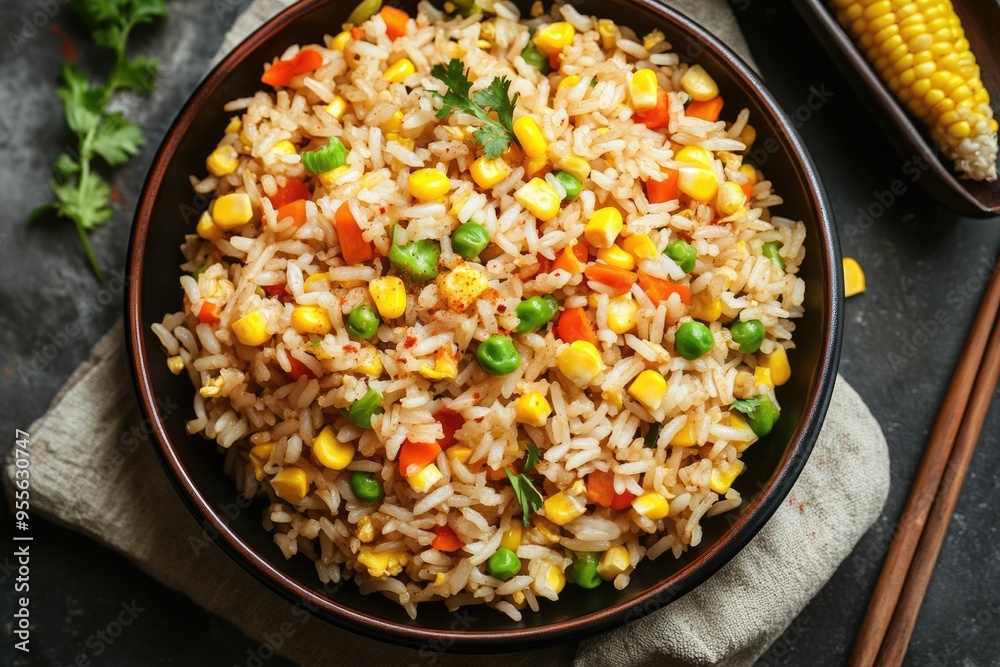 Veggie Fried Rice. Chinese Delight with Corn and Spicy Flavors Served on a Plate Veggie Fried Rice. Chinese Delight with Corn and Spicy Flavors Served on a Plate