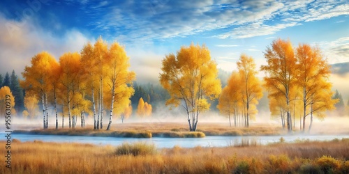 Softly blended watercolor hues depict a serene autumnal scene featuring delicate aspen trees, their golden leaves