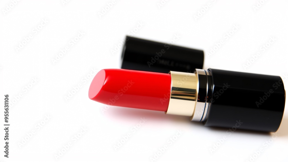 A bold red lipstick rests elegantly on a clean white surface. The smooth bullet reflects light, highlighting its glossy finish, waiting to enhance beauty with a touch of color A bold red lipstick rests elegantly on a clean white surface. The smooth bullet reflects light, highlighting its glossy finish, waiting to enhance beauty with a touch of color