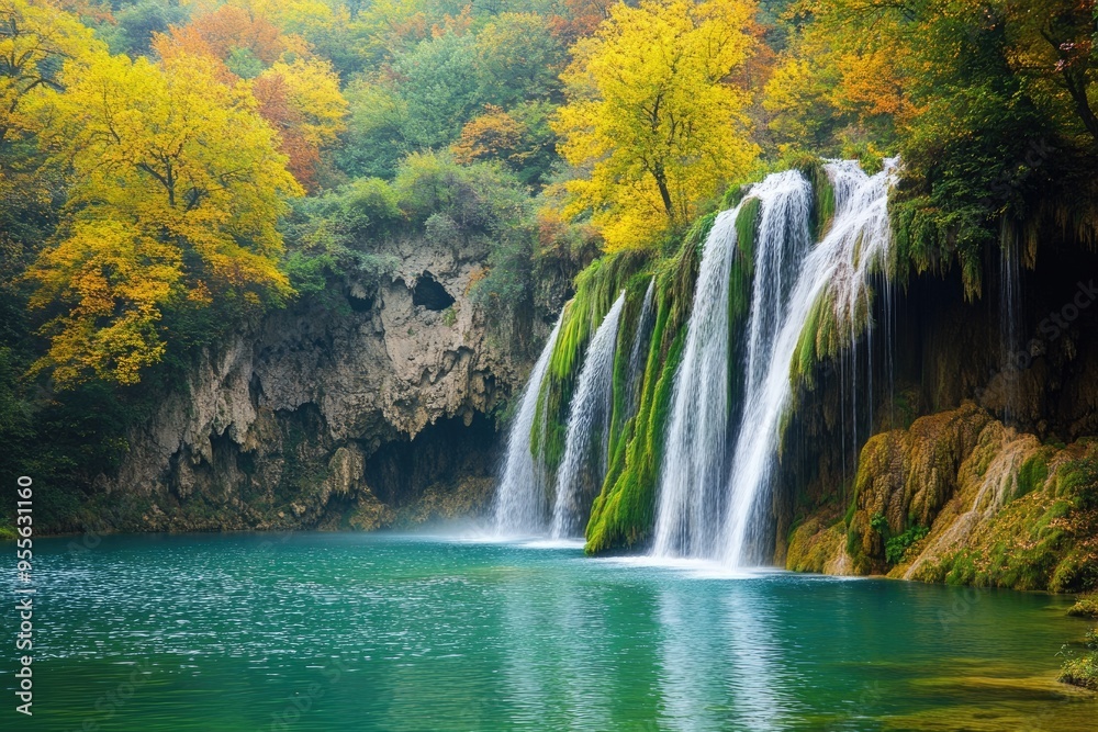 Fototapeta premium Waterfalls Water Drops. Krushuna Waterfalls in Bulgaria, Vibrant Colors of Nature