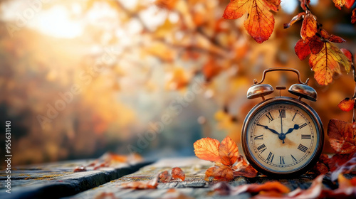 Retro clock surrounded by autumn leaves on a wooden table. Horizontal banner. Free space for text. Clock and yellow foliage. Daylight saving time, winter time changeover