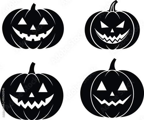 Halloween pumpkin icon set in black and orange colors. Simple pumpkin vector line drawing in filled and outlined style.