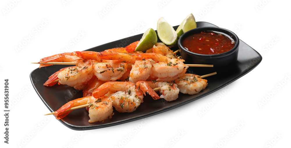 Delicious grilled shrimp skewers with sauce and lime isolated on white Delicious grilled shrimp skewers with sauce and lime isolated on white