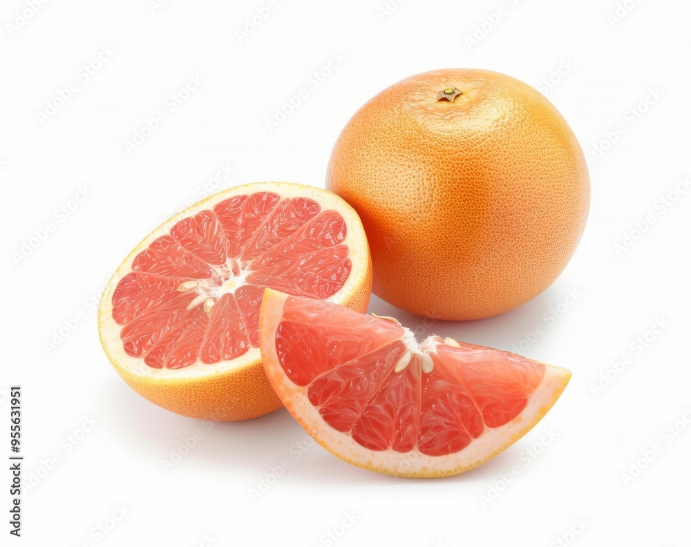 Isolated pink grapefruit with two slices on white background Isolated pink grapefruit with two slices on white background