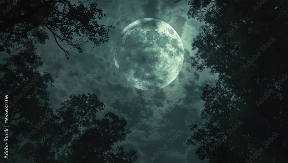 A full moon in the sky, surrounded by trees and dark clouds A full moon in the sky, surrounded by trees and dark clouds