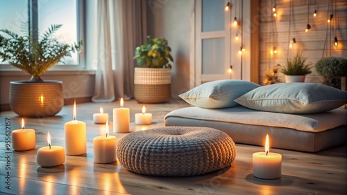 Soothing ambiance in a serene bedroom with a meditation cushion, candles, and calm colors, creating a peaceful photo