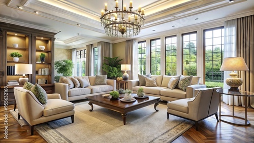 Sophisticated Interior Design Of An Airy Living Room With Ample Natural Light And Elegant Furnishings