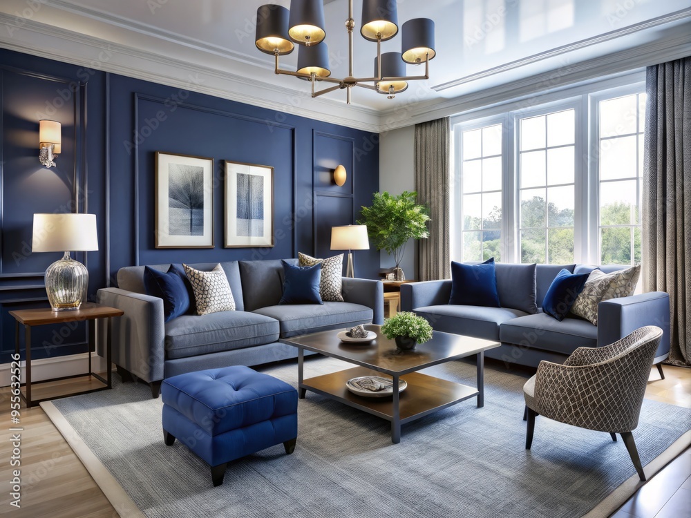 Fototapeta premium Stylish And Contemporary Living Room With Navy Blue Accents, Modern Furniture, And Clean Lines Creating A Sophisticated