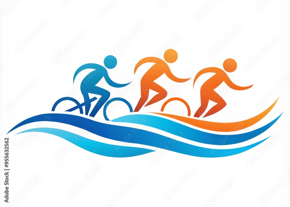 Obraz premium Stylized emblem featuring a swoosh design element with integrated swim, bike, and run icons, symbolizing speed,