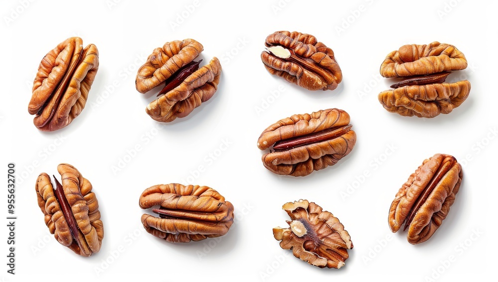 Pecan Nuts in various positions on a white isolated background Pecan Nuts in various positions on a white isolated background