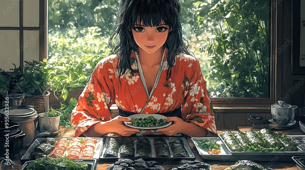 Anime Woman Serving Green Beans in a Japanese Kitchen. Anime Woman Serving Green Beans in a Japanese Kitchen.