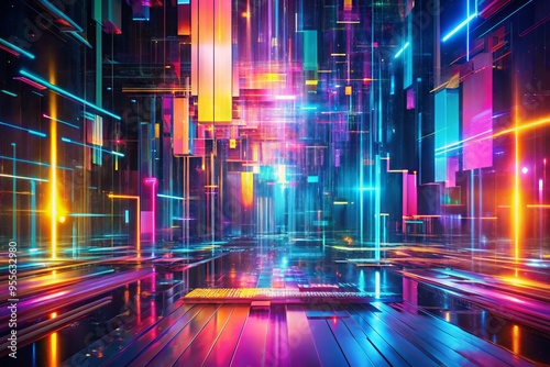 Vibrant abstract digital glitch art featuring distorted neon lines, static noise, and geometric shapes, perfect for photo