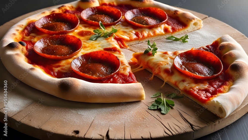 A pepperoni pizza with one slice removed, showcasing melted cheese and savory toppings on a golden crust. GENERATIVE AI A pepperoni pizza with one slice removed, showcasing melted cheese and savory toppings on a golden crust. GENERATIVE AI