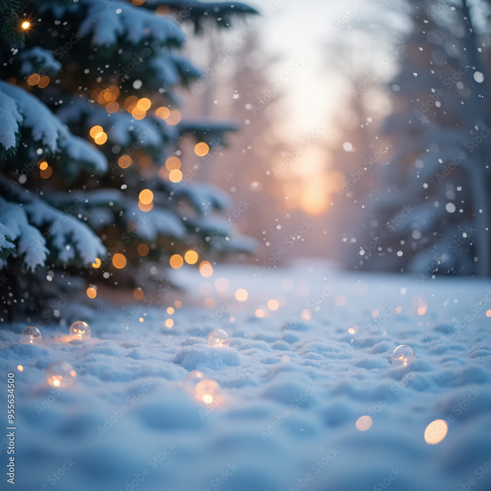 background of snow and trees covered with wildebeest and Christmas atmosphere for text background of snow and trees covered with wildebeest and Christmas atmosphere for text