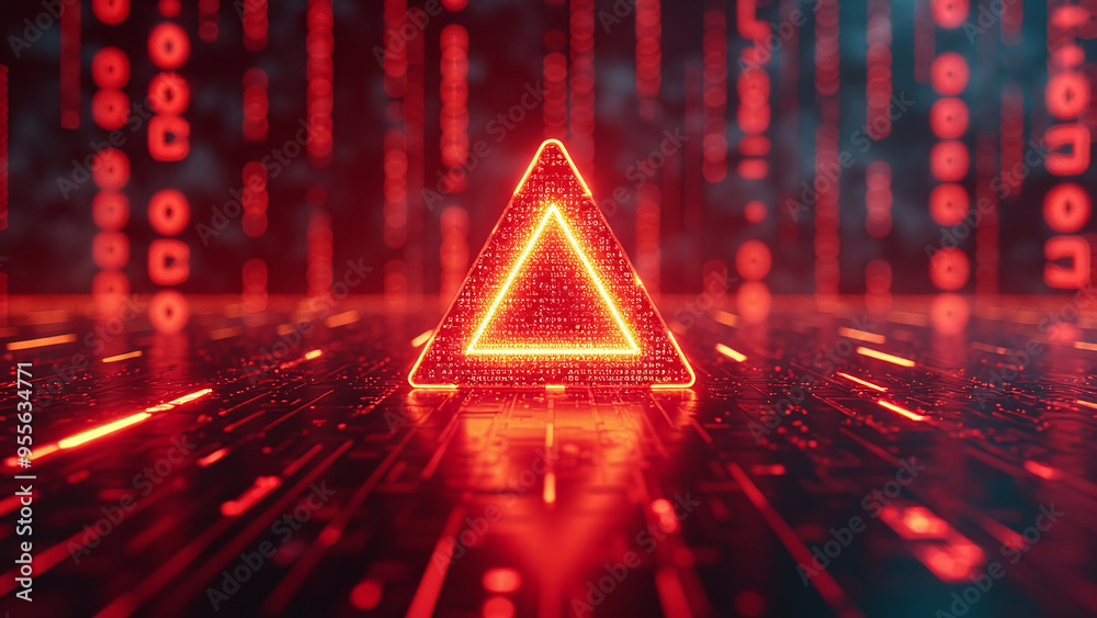 Digital Alert: Glowing Red Exclamation Mark on Circuit Board Background