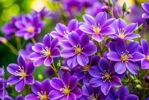 Vibrant purple brizelia flowers bloom in clusters, showcasing delicate petals and golden centers, surrounded by lush