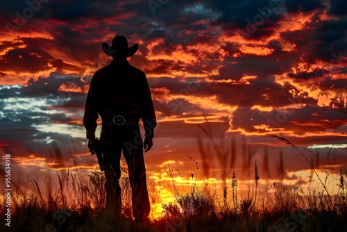 Cowboy Silhouette Against a Stunning Sunset Sky photo