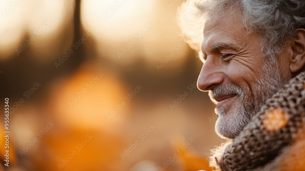 An elderly man smiles warmly while wearing a knitted scarf, bathed in the golden glow of autumn sunlight, creating a serene and content atmosphere. An elderly man smiles warmly while wearing a knitted scarf, bathed in the golden glow of autumn sunlight, creating a serene and content atmosphere.