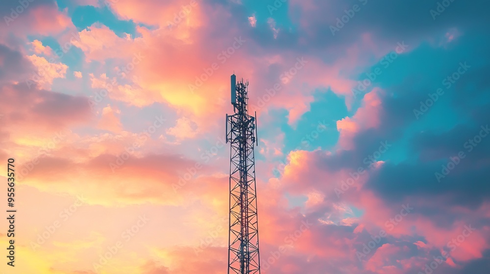 Telecommunications Tower Against Sunset Sky with Antenna. AI generated illustration Telecommunications Tower Against Sunset Sky with Antenna. AI generated illustration
