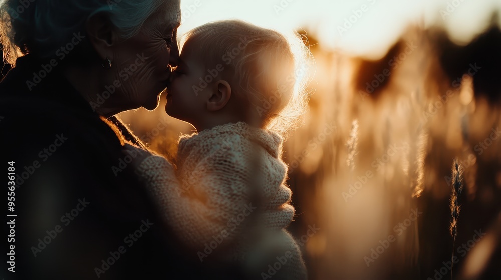 In a golden field at sunset, a grandparent is lovingly holding a little child wrapped in a cozy knitted sweater, showcasing moments of familial love and warmth. In a golden field at sunset, a grandparent is lovingly holding a little child wrapped in a cozy knitted sweater, showcasing moments of familial love and warmth.