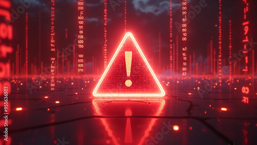 Digital Alert: Glowing Red Exclamation Mark on Circuit Board Background