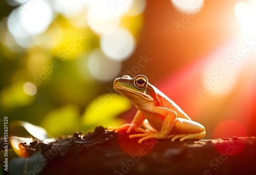 A frog is perched calmly on the forest floor, surrounded by colorful autumn foliage as the golden sunset casts a warm glow over the scene. photo