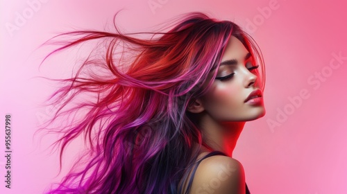 Woman with vibrant multicolored hair in motion
