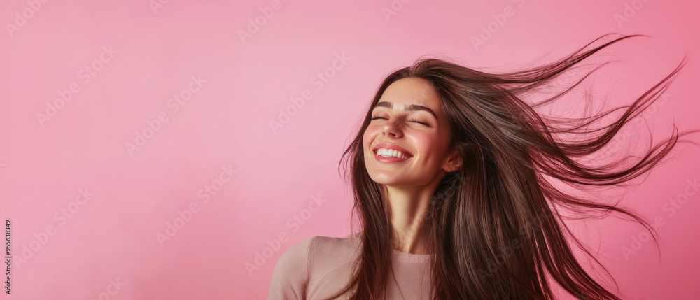Smiling woman with flowing hair against pink background
Smiling woman with flowing hair against pink background