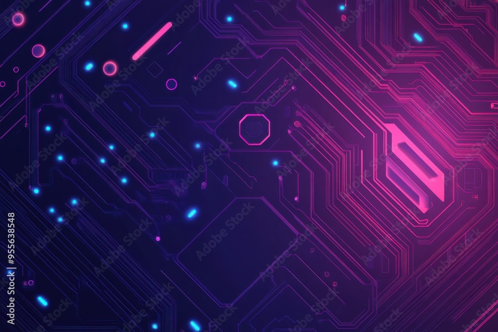 Futuristic purple circuit board background with glowing neon lines and geometric shapes illustrating high-tech digital technology Futuristic purple circuit board background with glowing neon lines and geometric shapes illustrating high-tech digital technology