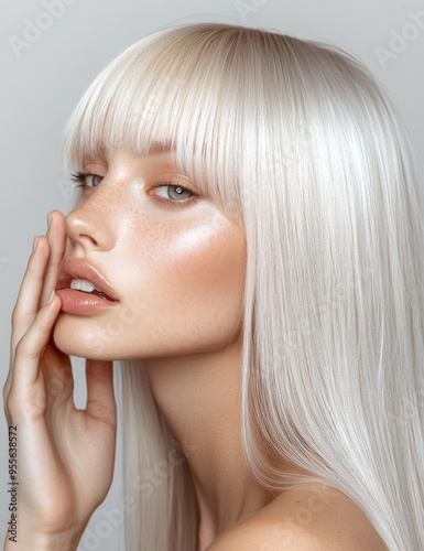 Portrait of an elegant woman with sleek straight white hair. The sophisticated hairstyle and modern expression highlight beauty and fashion trends, symbolizing grace and confidence.