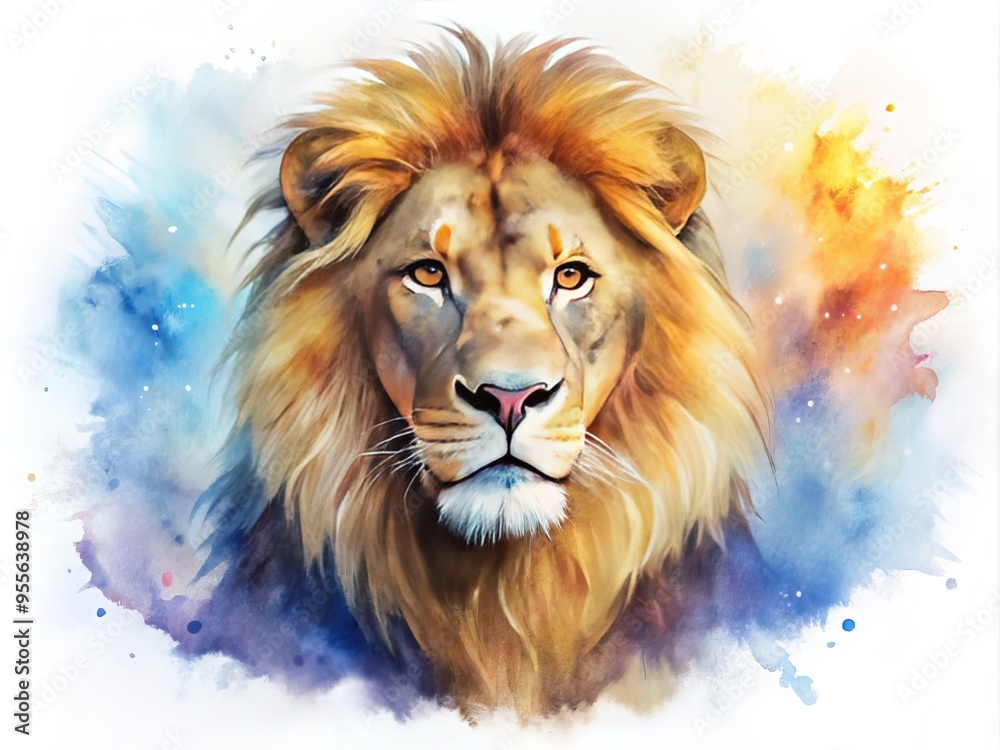 Fototapeta premium Vibrant watercolor painting of a majestic lion's serene portrait, with soft brushstrokes and subtle color blending, set