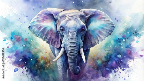 Vibrant watercolor painting of a majestic elephant, its gray skin blending with soft splashes of blue and purple, photo