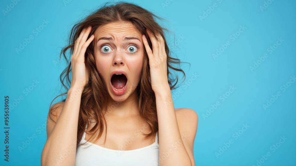 Surprised woman with open mouth on blue background
Surprised woman with open mouth on blue background