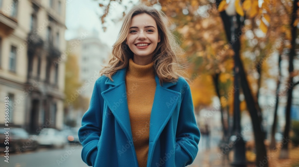 Fototapeta premium Smiling woman in blue coat during autumn 