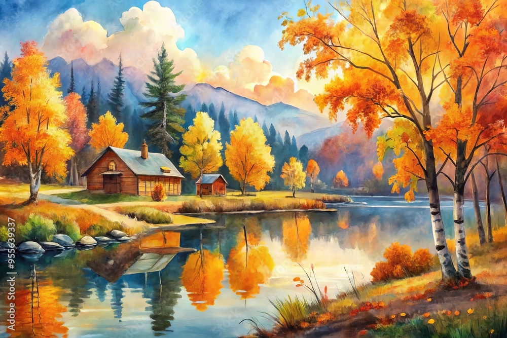 Obraz premium Vibrant watercolor painting of autumn landscapes, blending warm hues of golden leaves, rustic trees, and serene lakes,
