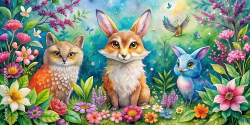 Vibrant watercolor painting of playful animals, featuring a whimsical fox, rabbit, and owl amidst blooming flowers and