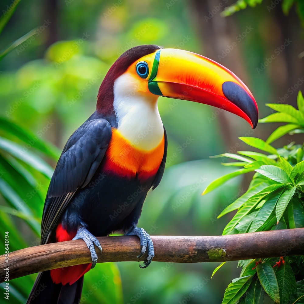 Naklejka premium Charm of wildlife: a toucan in full growth - the grandeur of an emerald paradise filled with color! 