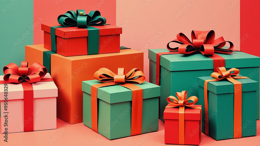 Colorful Gift Boxes with Ribbons on Pastel Background