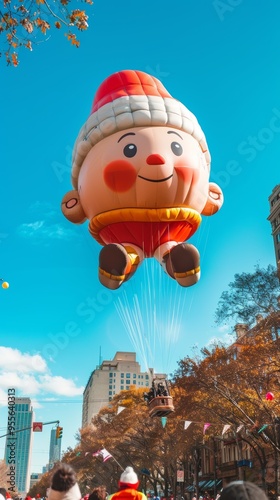 Giant character balloon soars over enthusiastic crowds at vibrant thanksgiving parade celebration photo