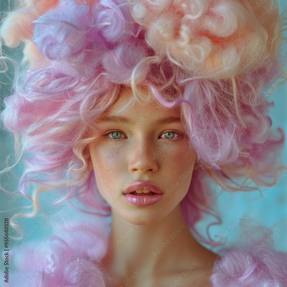 Artistic portrait of a woman with pastel pink cotton candy hair. Surreal and dreamy composition showcasing creativity and fantasy. Artistic portrait of a woman with pastel pink cotton candy hair. Surreal and dreamy composition showcasing creativity and fantasy.