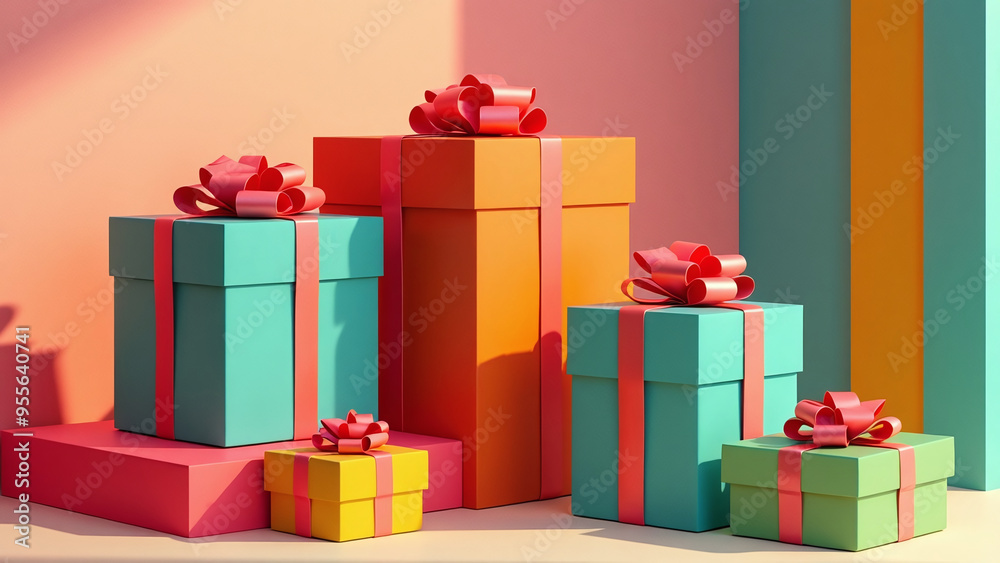 Colorful Gift Boxes with Ribbons on Pastel Background