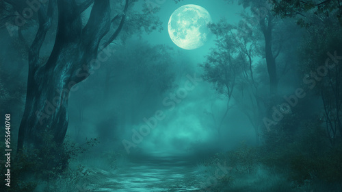 Oświetlona przez księżyc, mglista ścieżka w ciemnym lesie tworzy tajemniczą atmosferę idealną na Halloween.  photo