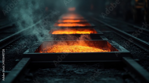 This image portrays molten lava flowing in a factory channel, radiating intense heat and a fiery glow, representing the raw power and primal energy of industrial manufacturing. photo