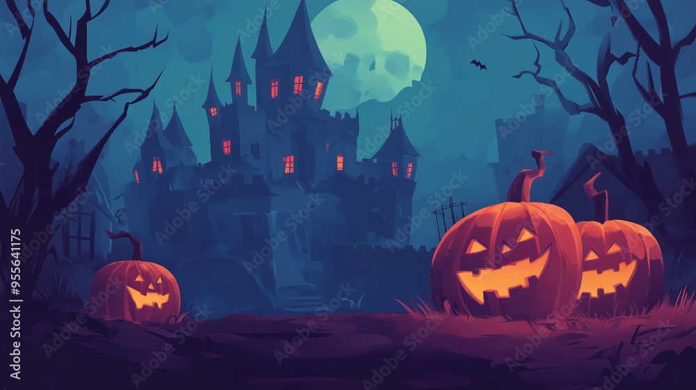 Fototapeta premium Wesoła, dziecięca ilustracja przedstawiająca zamek zbudowany z dyni w mrocznym, ale przyjaznym stylu cartoon. Idealne na halloweenowe dekoracje dla najmłodszych.