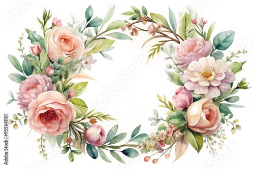 Whimsical floral wreath with soft, blended petals and delicate vines, rendered in dreamy watercolor hues, evoking a