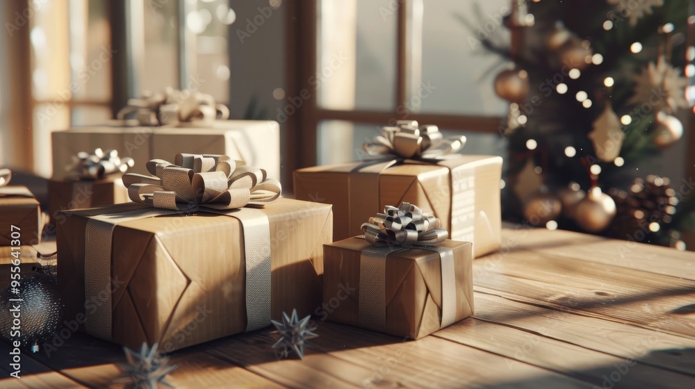 Elegant gift sets of various sizes on a wooden table in soft natural daylight for a festive vibe Elegant gift sets of various sizes on a wooden table in soft natural daylight for a festive vibe