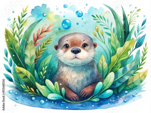 Whimsical watercolor illustration of an adorable otter swimming in a sea of soft, dreamy blues and whites, surrounded photo